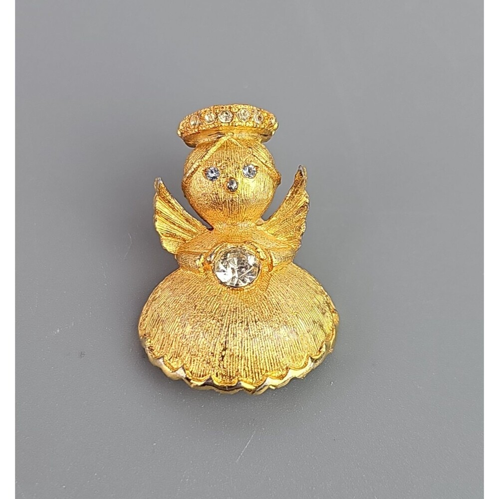 Vintage Ultra Gold Tone Angel Brooch Clear White Rhinestones Halo 1 inch